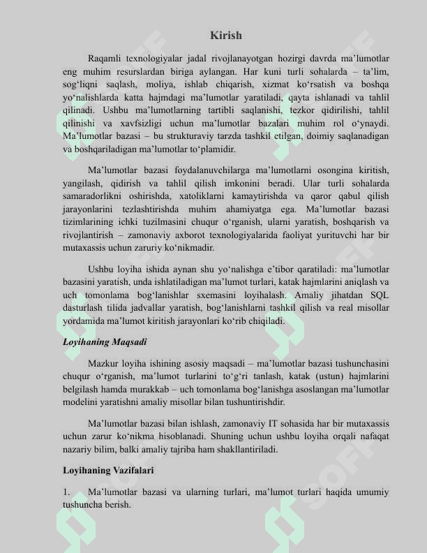 Loyiha ishi - Ma'lumotlar bazasi menejment tizimlari (MBMT) (Malumotlar bazasi) 2