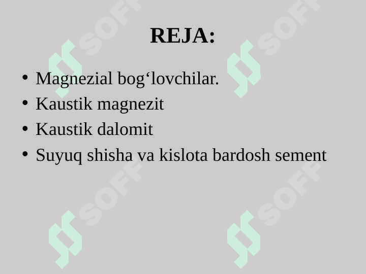 Kaustik magnezit va dalomit xomashyosi, xossalari. Magnezial bog’lovchi moddalar 2