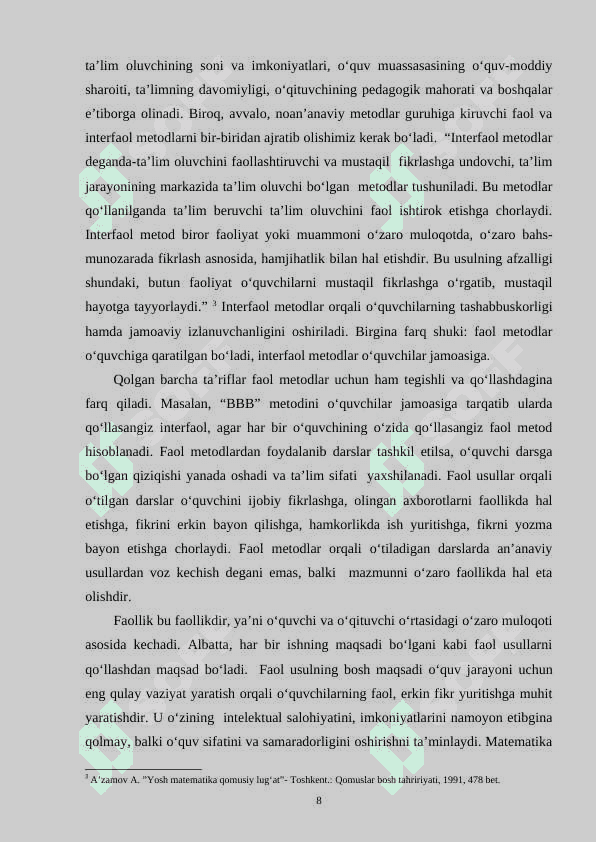 3-SINFDA MATEMATIKA FANIDAN O‘QUVCHILARNI O‘QUV-BILISH JARAYONINI NAZORAT QILISH METODIKASI 8