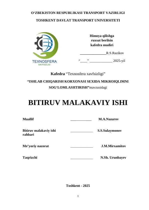 ISHLAB CHIQARISH KORXONASI SEXIDA MIKROIQLIMNI SOG‘LOMLASHTIRISH