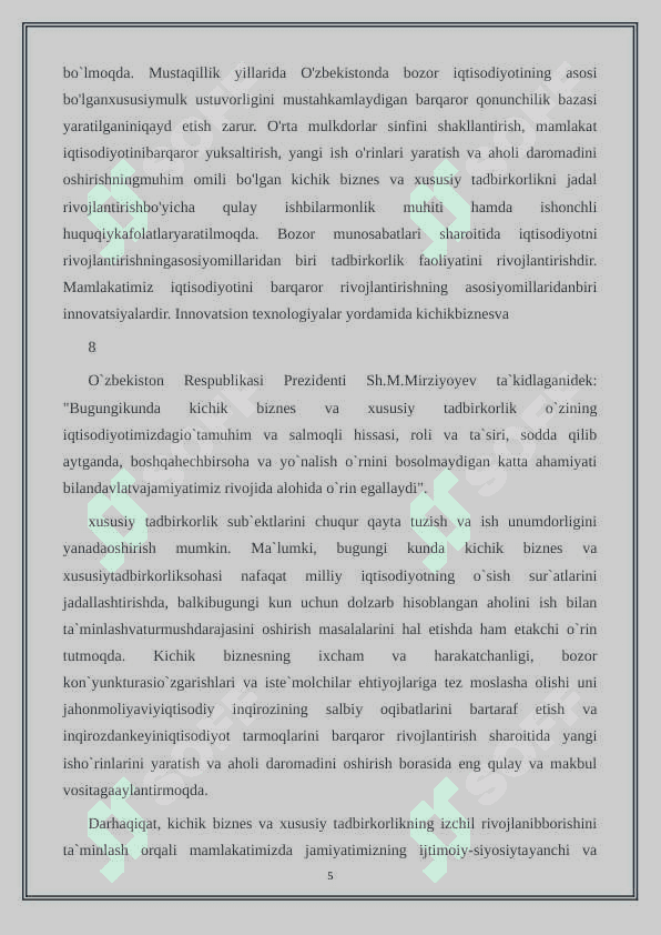 O’zbekiston Respublikasi kichik biznesni rivojlantirishning asosiy yo’nalishlari 5