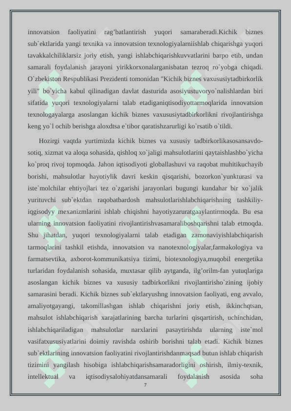 O’zbekiston Respublikasi kichik biznesni rivojlantirishning asosiy yo’nalishlari 7