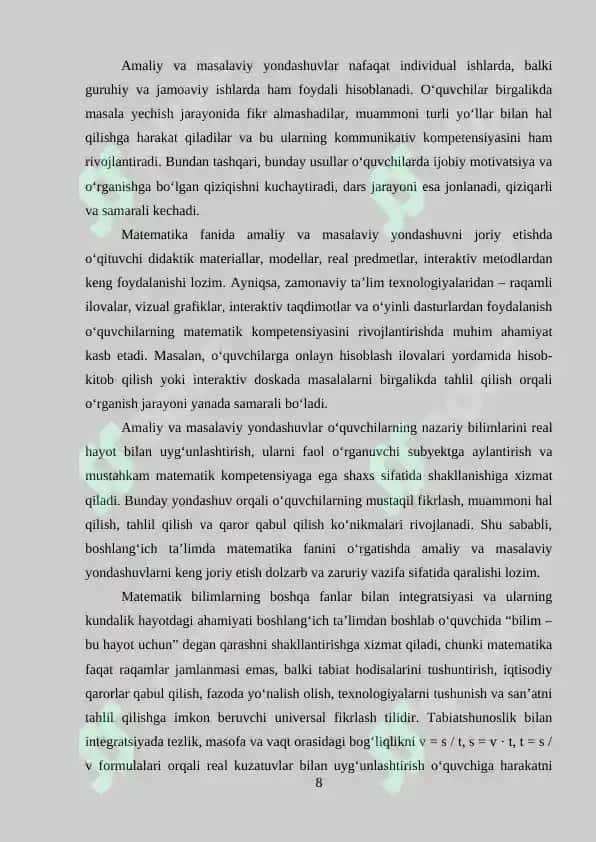 100 ichida vaqt, masofa va tezliklarga doir masalalarni yechishga o’rgatish metodikasi 8