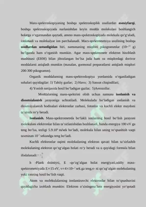 Mass-spektroskopiya asoslari, spektrlarni taxlil qilish uslublari. Boʼlakli, qayta guruhlanuvchi,  metastab ilionlar va ularning xosil boʼlish qonuniyatlari 2