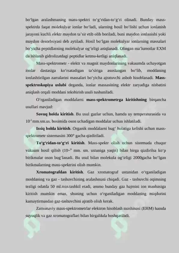 Mass-spektroskopiya asoslari, spektrlarni taxlil qilish uslublari. Boʼlakli, qayta guruhlanuvchi,  metastab ilionlar va ularning xosil boʼlish qonuniyatlari 4