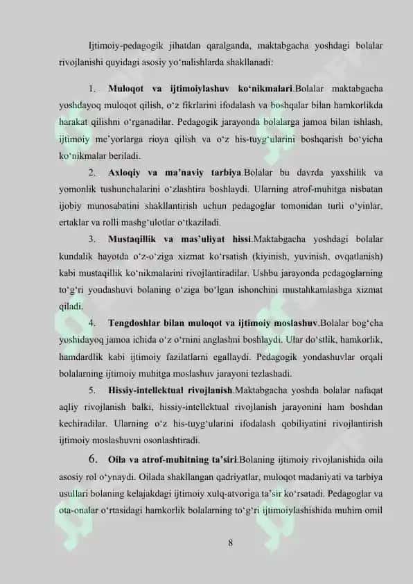Maktabgacha tarbiya yoshidagi bolalar bilan olib boriladigan ijtimoiy pedagogik faoliyat 8
