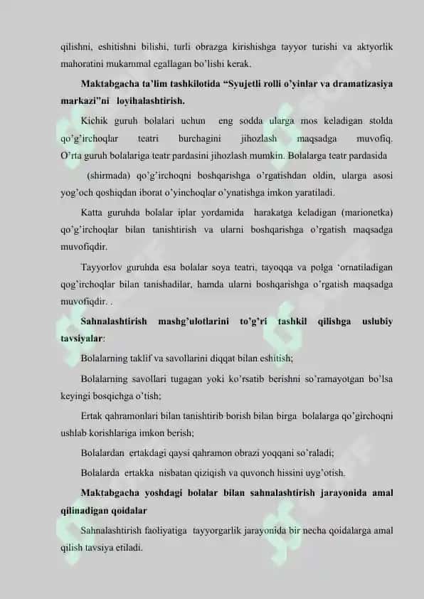 Maktabgacha ta’lim tashkilotida “Syujetli rolli o’yinlar va dramatizasiya markazi”ni tashkil qilish 2