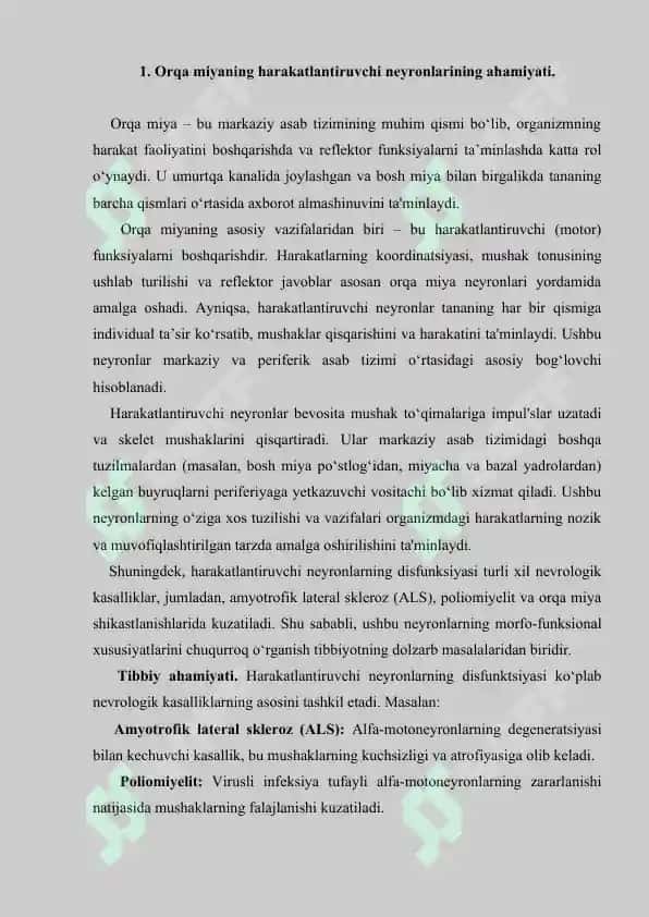 Orqa miyaning harakatlantiruvchi neyronlarning turlari ularning morfo-funksional xususiyatlari. Referat 9 bet. 3