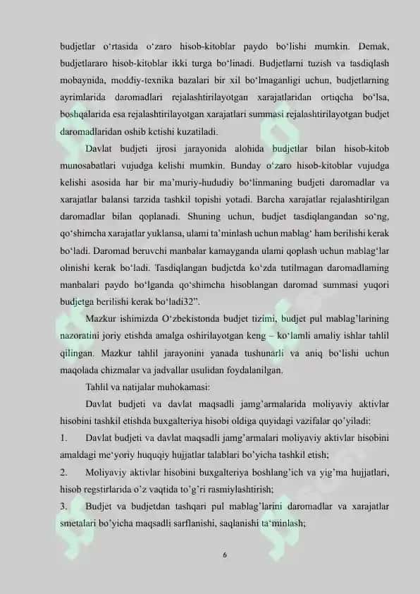 BYUDJET TASHKILOTLARIDA BYUDJETDAN TASHQARI MABLAG’LARINI JALB QILISH VA ULARDAN FOYDALANISH 6
