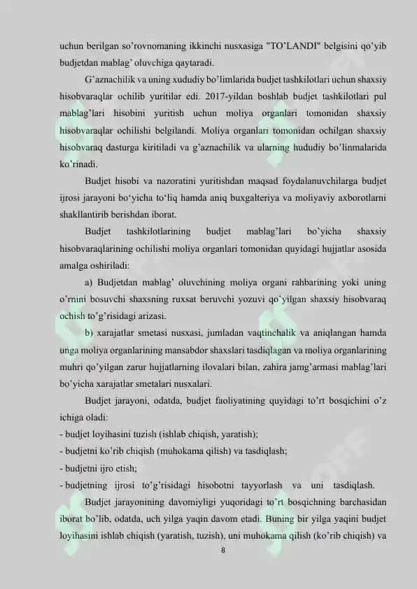 BYUDJET TASHKILOTLARIDA BYUDJETDAN TASHQARI MABLAG’LARINI JALB QILISH VA ULARDAN FOYDALANISH 8