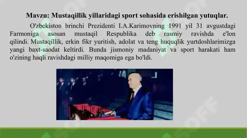 11. Mustaqillik yillaridagi sport sohasida erishilgan yutuqlar. Taqdimot, 11 bet. 2