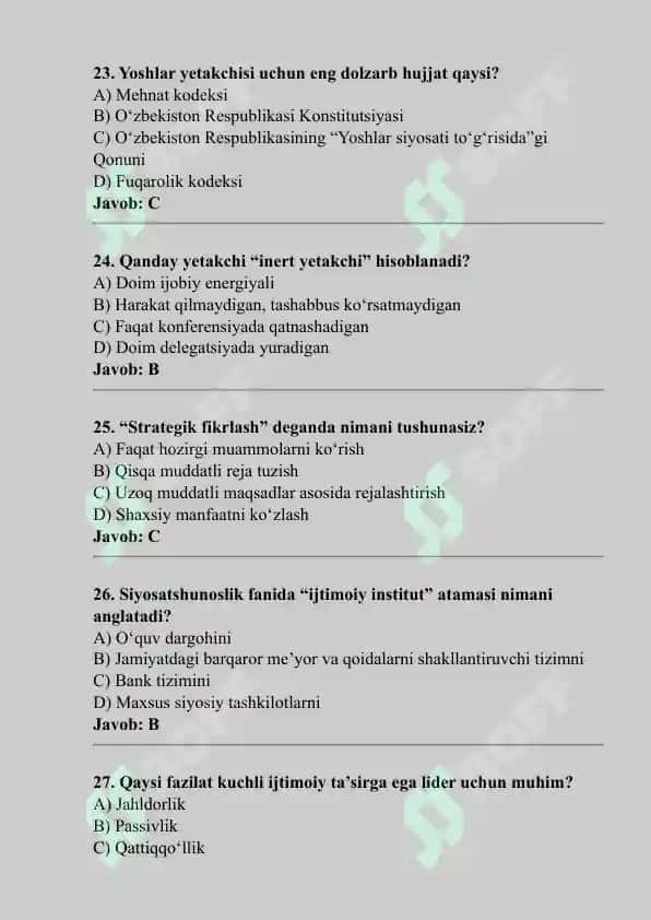 Yoshlar yetakchiligi: Amaliy ishlar va Siyosatshunoslik yo‘nalishi bo‘yicha test savollari 6