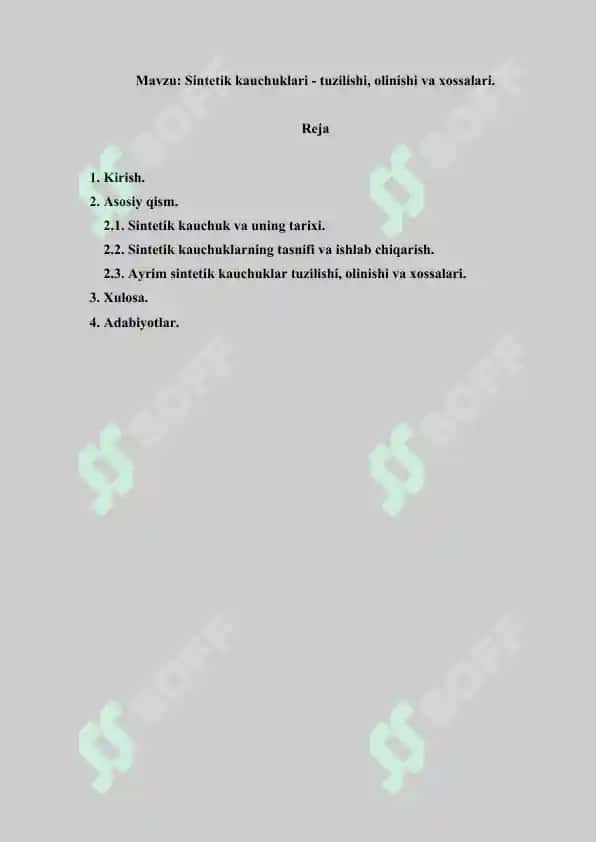 Sintetik kauchuklari - tuzilishi, olinishi va xossalari. Referat 17 bet 2