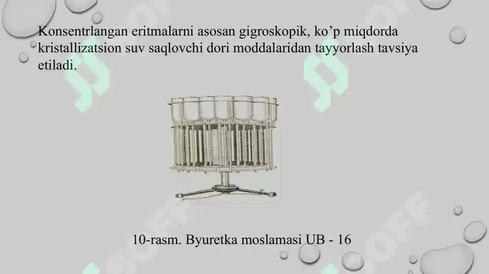 Eritmalar texnologiyasida qo’llaniladigan asbob-uskunalar, ishlash prinsipi. Taqdimot 13 bet. 4