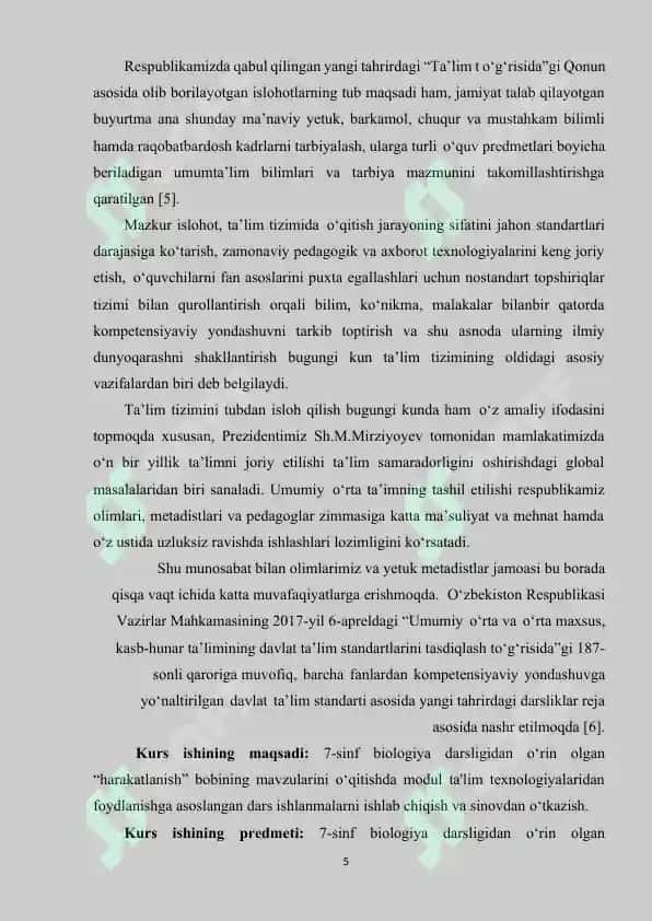 BIOLOGIYA KURSI “HARAKATLANISH” BOBINI O‘QITISHDA MODUL TA'LIM TEXNOLOGIYALARIDAN FOYDALANISH 5