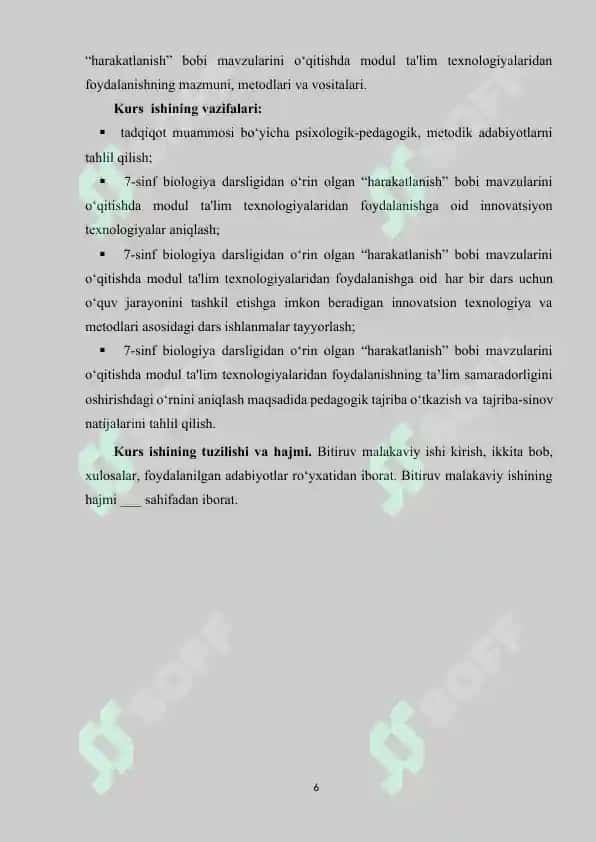BIOLOGIYA KURSI “HARAKATLANISH” BOBINI O‘QITISHDA MODUL TA'LIM TEXNOLOGIYALARIDAN FOYDALANISH 6