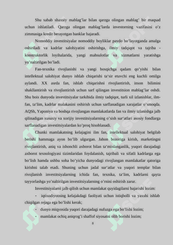 Iqtisodiyotning real sektoriga investitsiyalar jalb etish yo’llari. 8