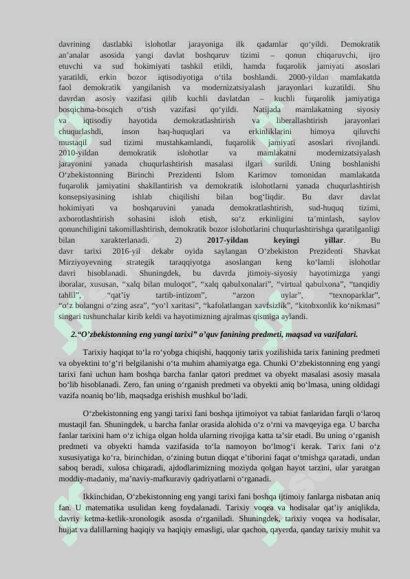 O‘zbekistonning eng yangi tarixi  o`quv fanining  predmeti  maqsadi vazifalari, nazariy metodologik tamoyillari 2