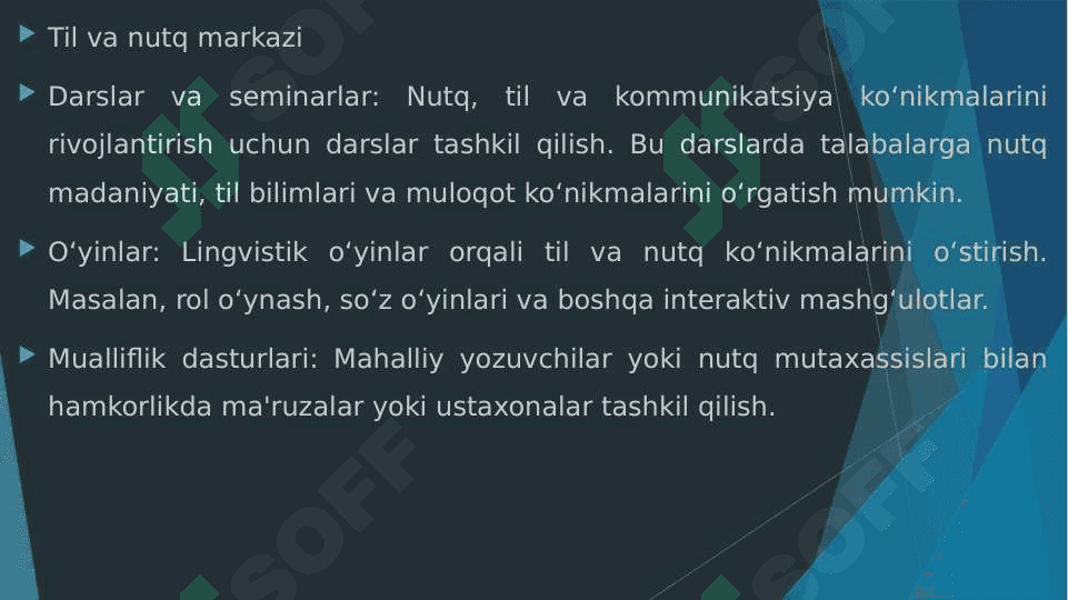 “Til va nutq markazi”, “San’at markazi”,“Syujetli rolli o‘yinlar va sahnalashtirish” markazida ta’limiy faoliyatni tashkil etish 3
