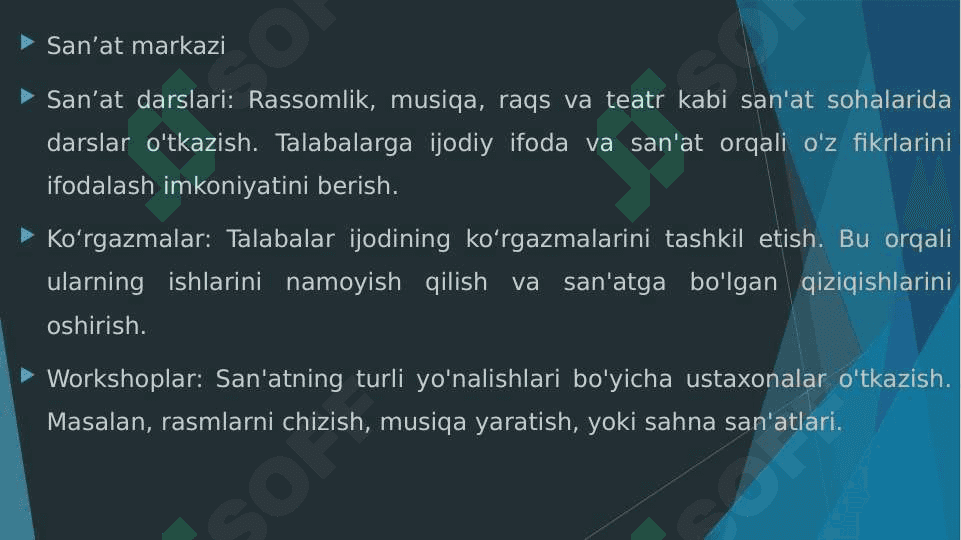 “Til va nutq markazi”, “San’at markazi”,“Syujetli rolli o‘yinlar va sahnalashtirish” markazida ta’limiy faoliyatni tashkil etish 4