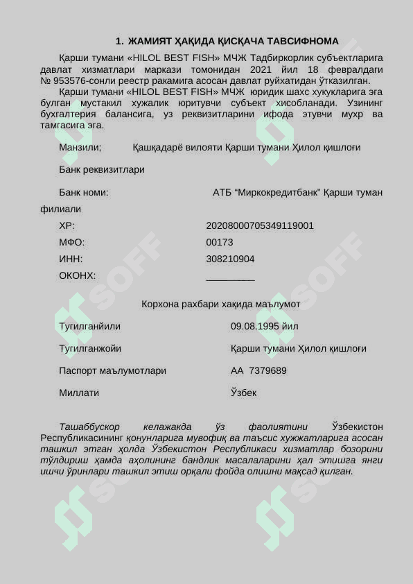 biznes reja: baliq (namuna) 3