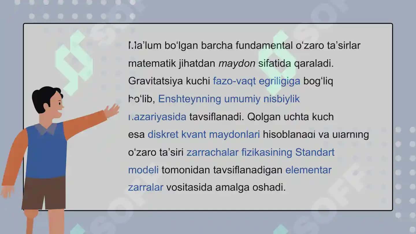 Fundamental o’zaro ta’sirlari turlari.Yagona maydon nazariyasi 4