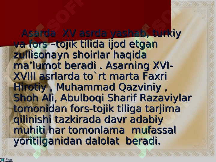 A.Navoiyning MAJOILIS UN-NAFOIS asaridagi turkiy ijodkorlar haqida taqdimot tayyorlang. 7
