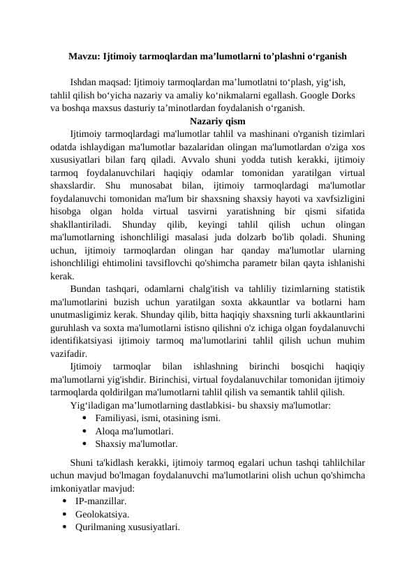 Ijtimoiy tarmoqlardan ma’lumotlarni to’plashni o‘rganish