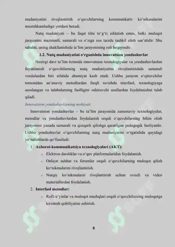 "Innovatsion ta'lim sharoitida o‘quvchilarning nutq madaniyatini shakllantirish metodikasi" 8
