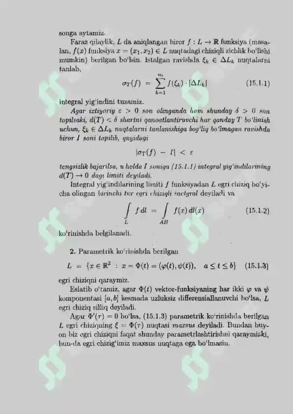 Yoy uzunligi boʻyicha olingan egri chiziqli integralga(1-tur egri chiziqli integral) olib keladigan masalalar va bu integral ta’rifi 3