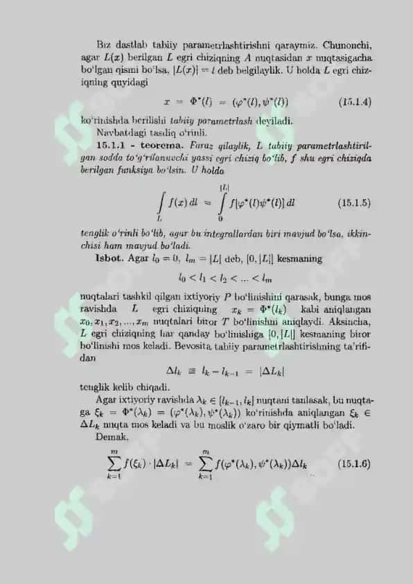Yoy uzunligi boʻyicha olingan egri chiziqli integralga(1-tur egri chiziqli integral) olib keladigan masalalar va bu integral ta’rifi 4