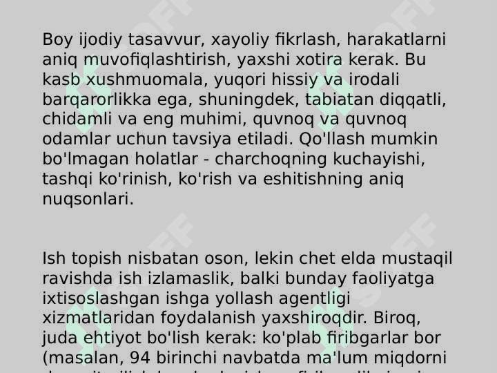 ANIMATSIYA XIZMATINI TASHKIL ETGAN MAXASSINING KASBIY VA SHAXSIY SIFATLARIGA QO'YILGAN TALABLAR. 6