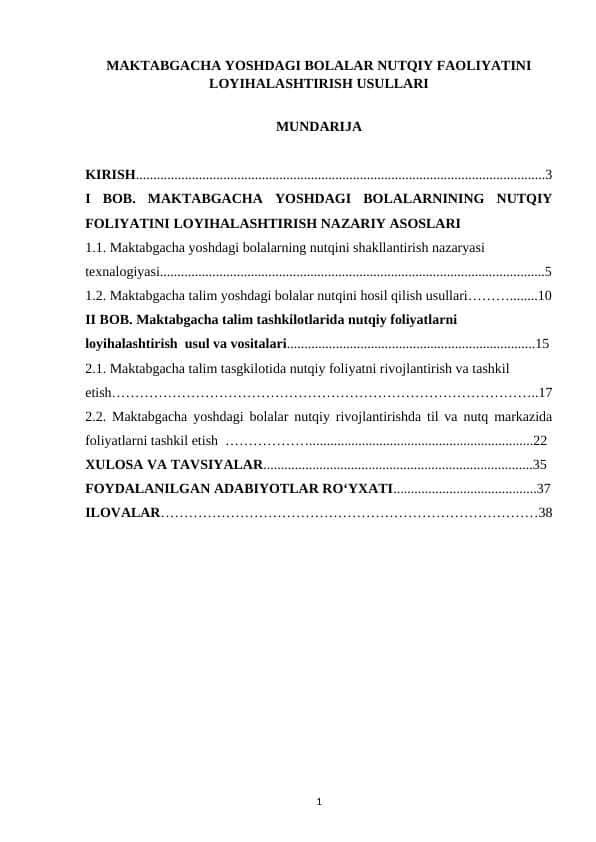 MAKTABGACHA YOSHDAGI BOLALAR NUTQIY FAOLIYATINI LOYIHALASHTIRISH USULLARI