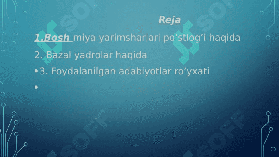 Bosh miya yarim sharlar po'stlog'ining fiziologiyasi. Bazal yadrolar. 2