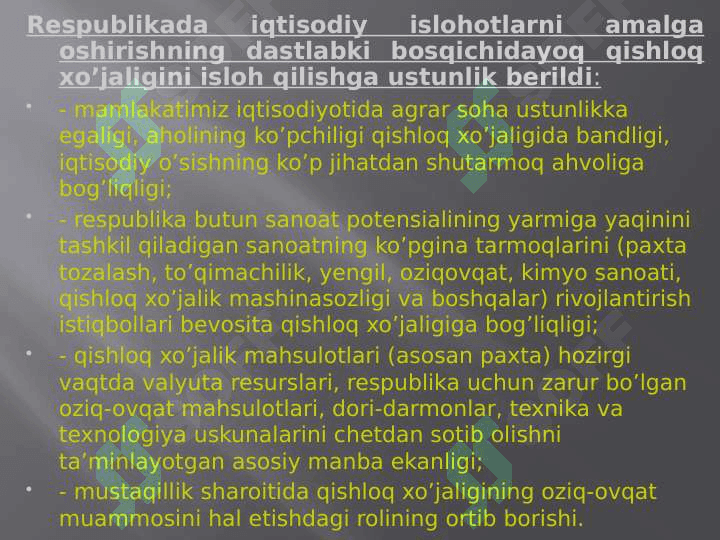 O'zbekistonda agrar islohotlarning moxiyati, bosqichlari va asosiy yonalishlari 5
