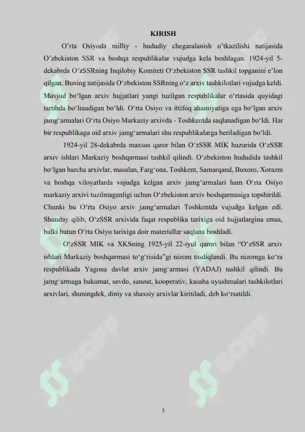 O‘zbekiston SSR arxiv idoralari tizimini takomillashtirish to‘g‘risidagi qarori va bu hujjat asosida amalga oshirilgan ishlar 3
