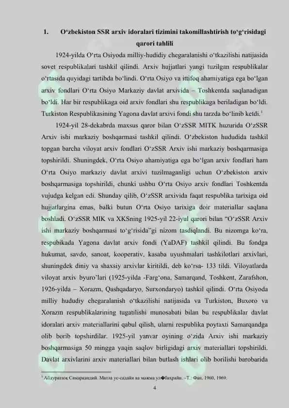 O‘zbekiston SSR arxiv idoralari tizimini takomillashtirish to‘g‘risidagi qarori va bu hujjat asosida amalga oshirilgan ishlar 4