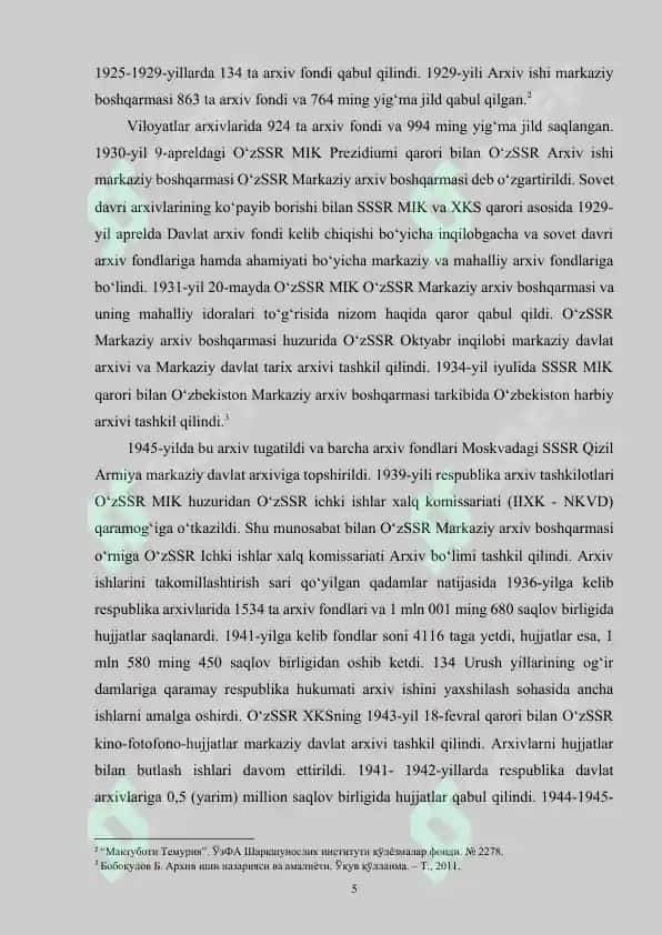 O‘zbekiston SSR arxiv idoralari tizimini takomillashtirish to‘g‘risidagi qarori va bu hujjat asosida amalga oshirilgan ishlar 5