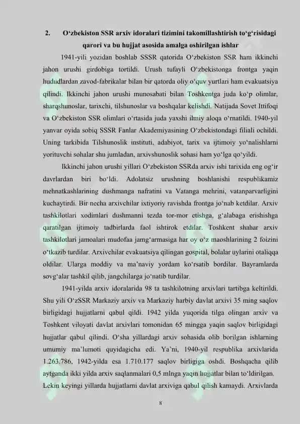 O‘zbekiston SSR arxiv idoralari tizimini takomillashtirish to‘g‘risidagi qarori va bu hujjat asosida amalga oshirilgan ishlar 8