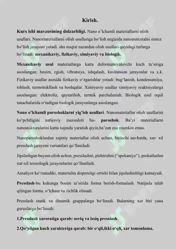 Fizik jarayonlarga asoslangan xolda nanomateriallar olish usullari. 2