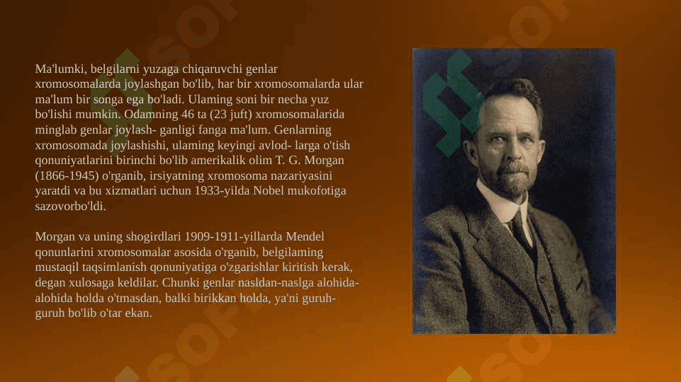 Irsiyatning xromosoma nazariyasi.T.G Morgan genlarning birikish holati. Krossingover. Belgilarning jinsga birikkan holda irsiylanishi. 3
