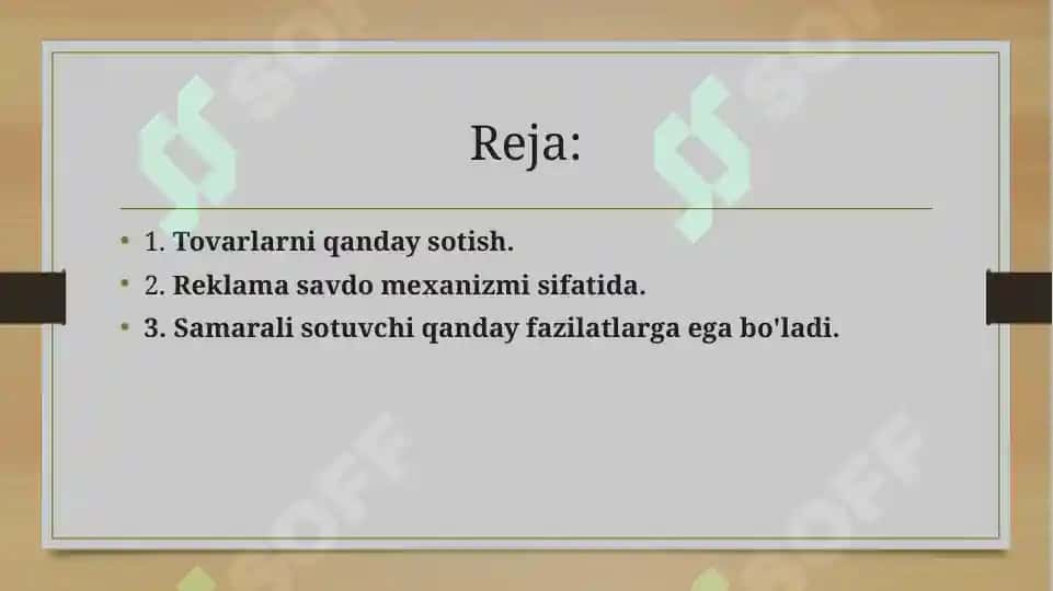 Mahsulotni sotish hajmini oshirish imkoniyatlarini aniqlash hamda amaliyotiga tadbiq etish. 2