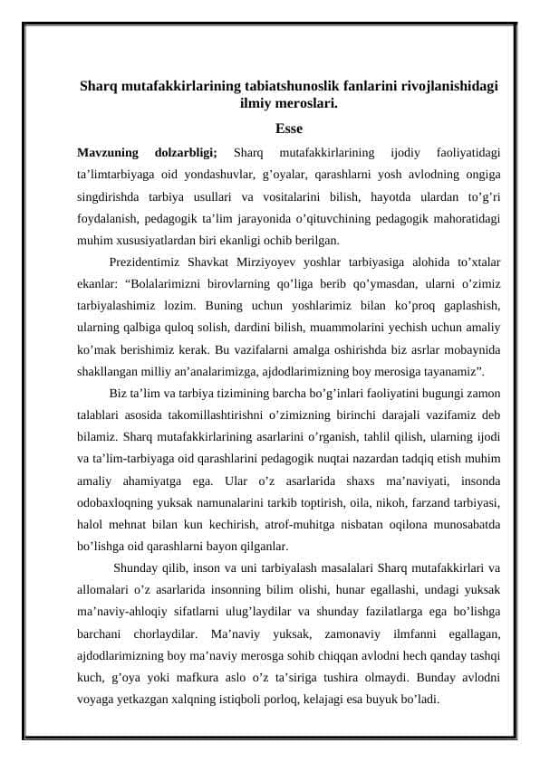 esse  Sharq mutafakkirlarining tabiatshunoslik fanlarini rivojlanishidagi ilmiy meroslari.