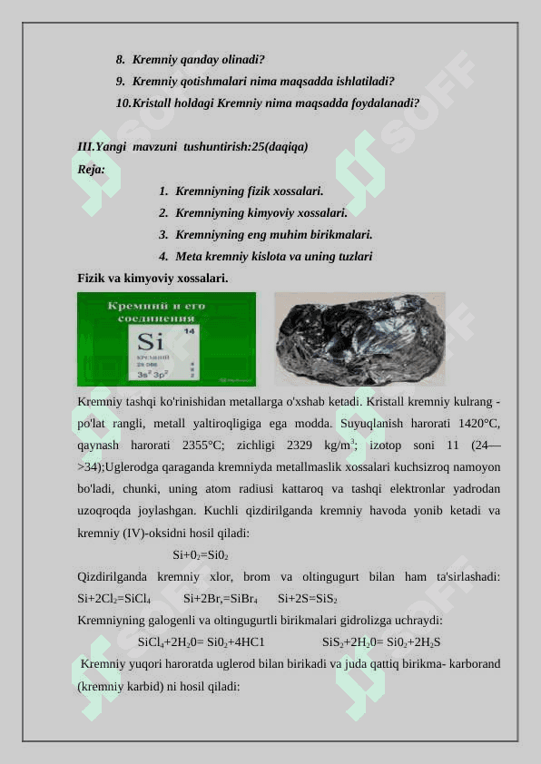 Kremniyning fizik va kimyoviy xossalari, muhim birikmalari 4