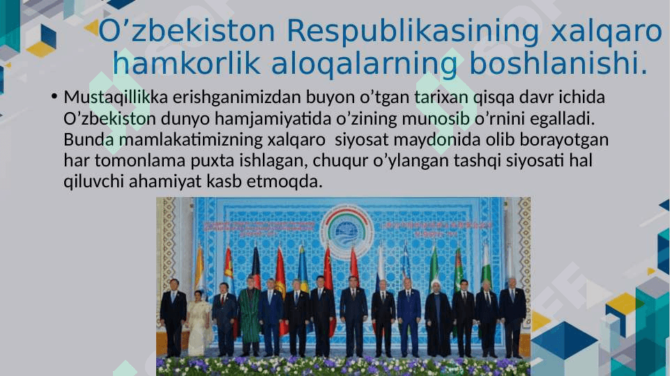 O'ZBEKISTONNING MARKAZIY OSIYODA TINCHLIK VA BARQARORLIKNI TA'MINLASHDAGI O'RNI 8