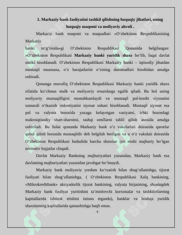 Markaziy bank faoliyatini tashkil qilishning huquqiy jihatlari 4