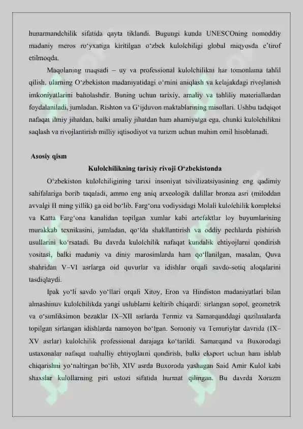 Uy kulolchiligi va ixtisoslik bilan bog‘liq kulolchilik maqola 3