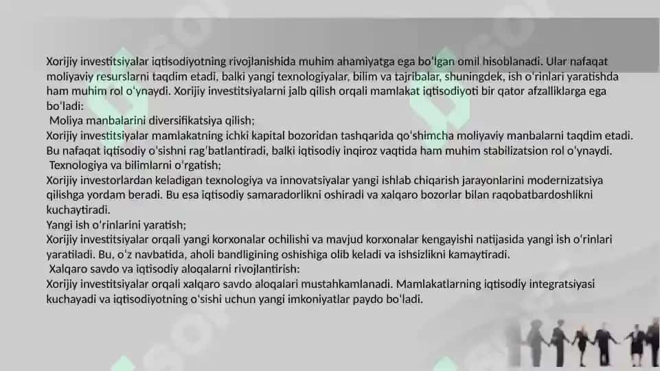 Iqtisodiyotning rivojlanishiga xorijiy investitsiyalarning ahamiyatini oshirish 2