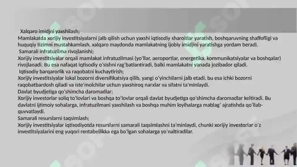 Iqtisodiyotning rivojlanishiga xorijiy investitsiyalarning ahamiyatini oshirish 3