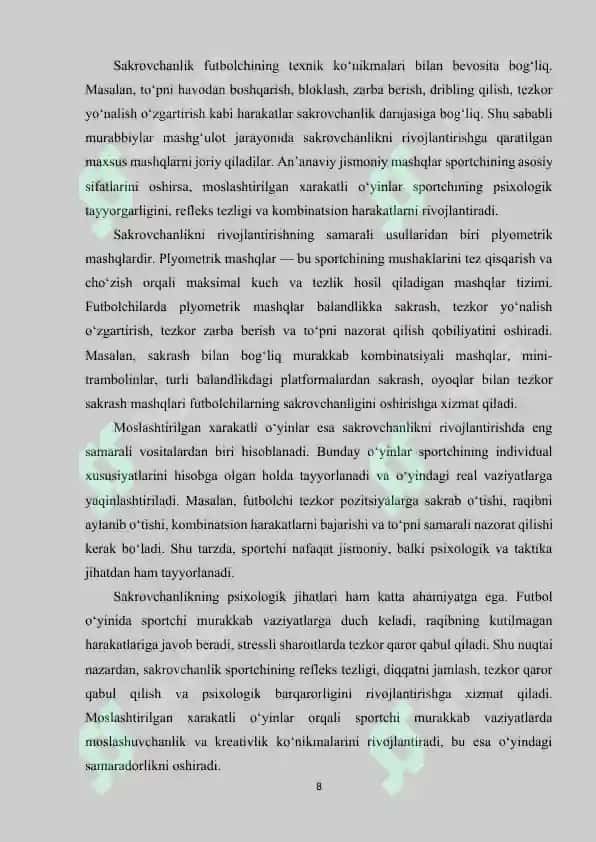 Futbolchilarda sakrovchanlik sifatini moslashtirilgan xarakatli o‘yinlar yordamida shakllantirish 8